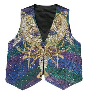 Vintage Ana Mori Colorful Beaded Vest Women One Size Embellished Novelty 80s